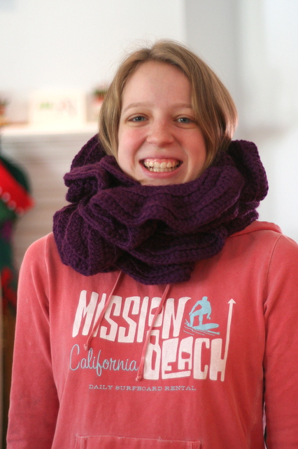 ruffled purple scarf, crochet